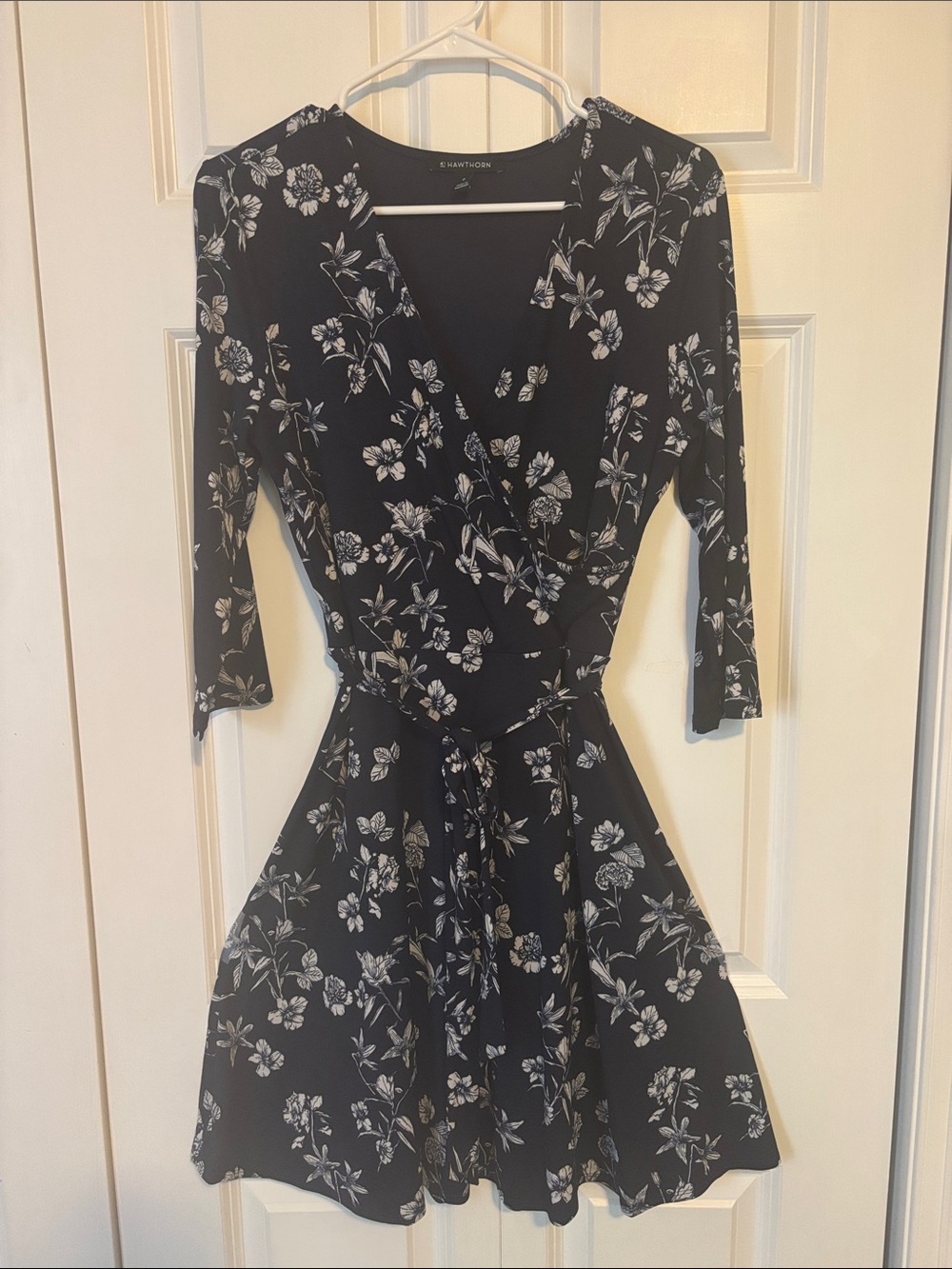 Navy Floral Wrap Dress with Waist Tie